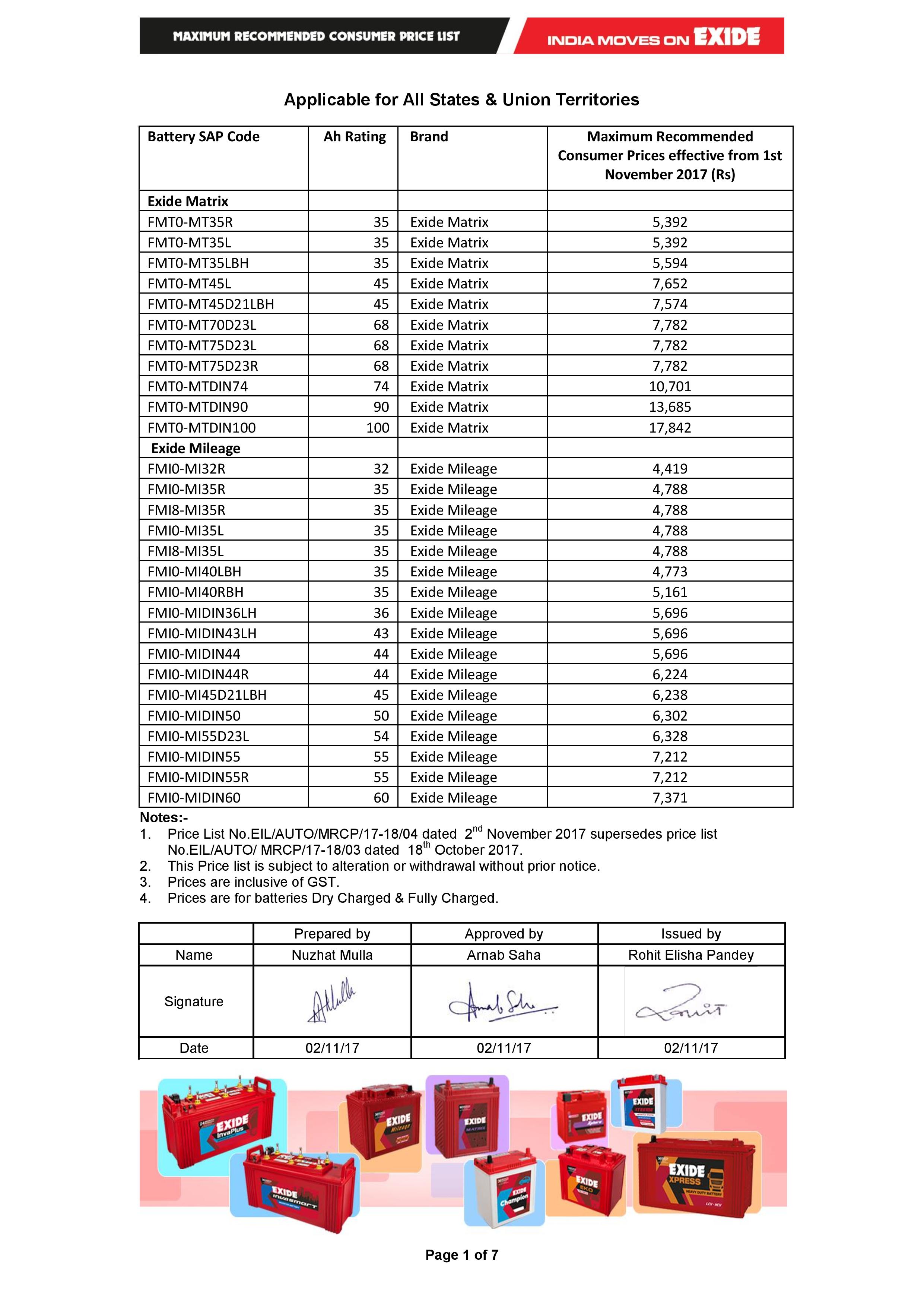 Exide Battery Price List 2017