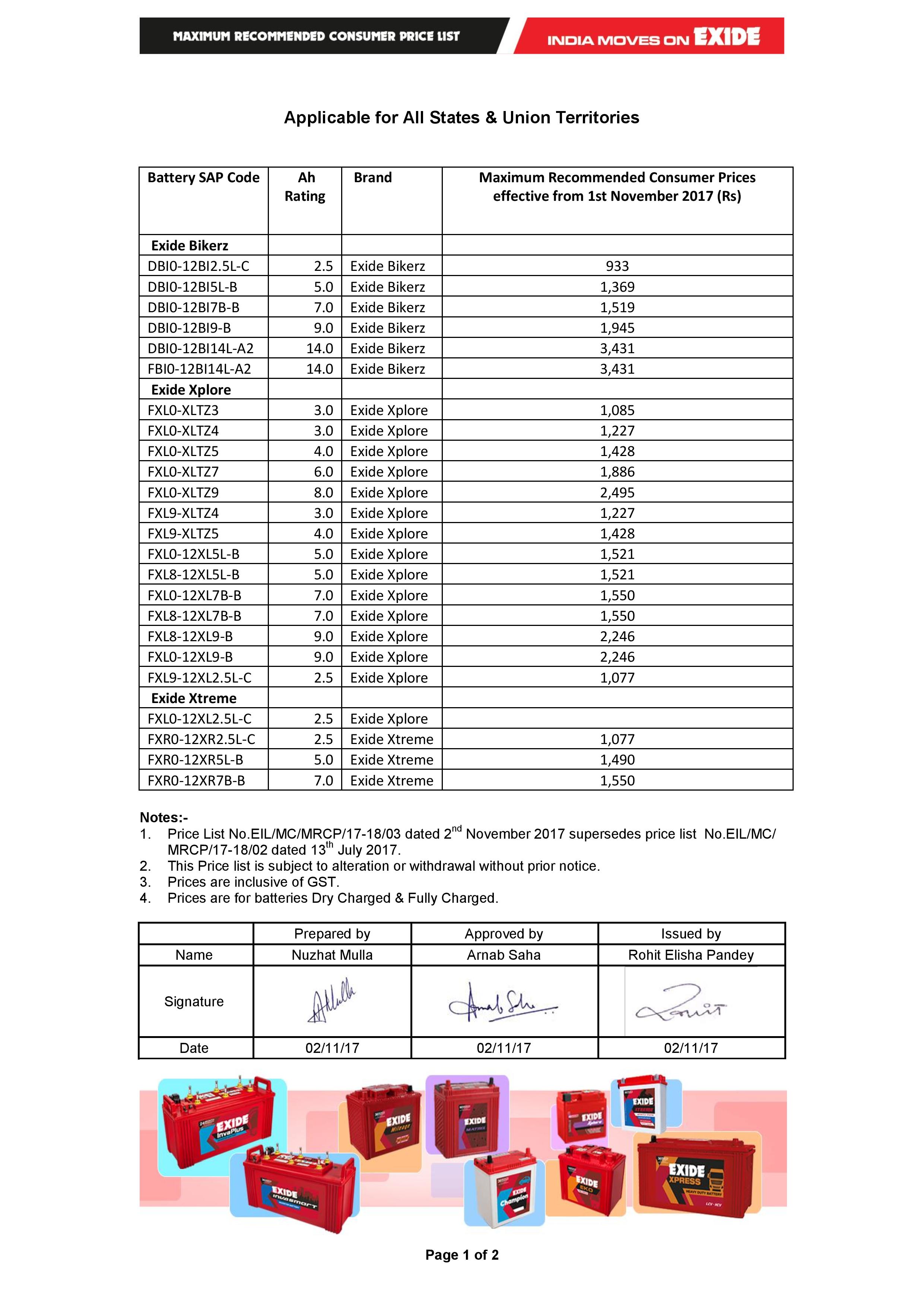 Exide Battery Rate List 2017 new